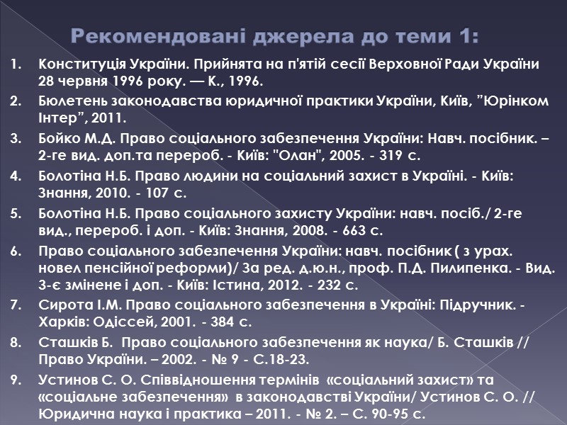 Рекомендовані джерела до теми 1: Конституція України. Прийнята на п'ятій сесії Верховної Ради України